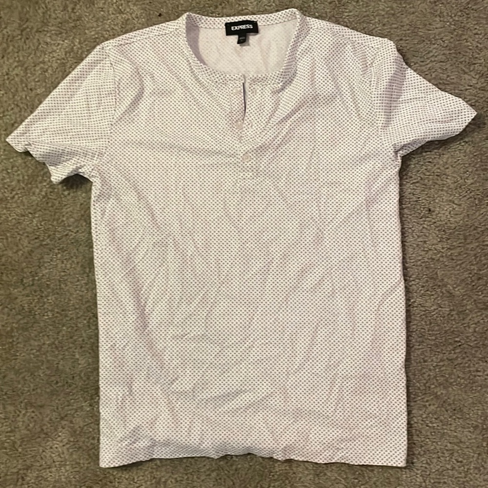 White with grey and blue designs express Henley tee